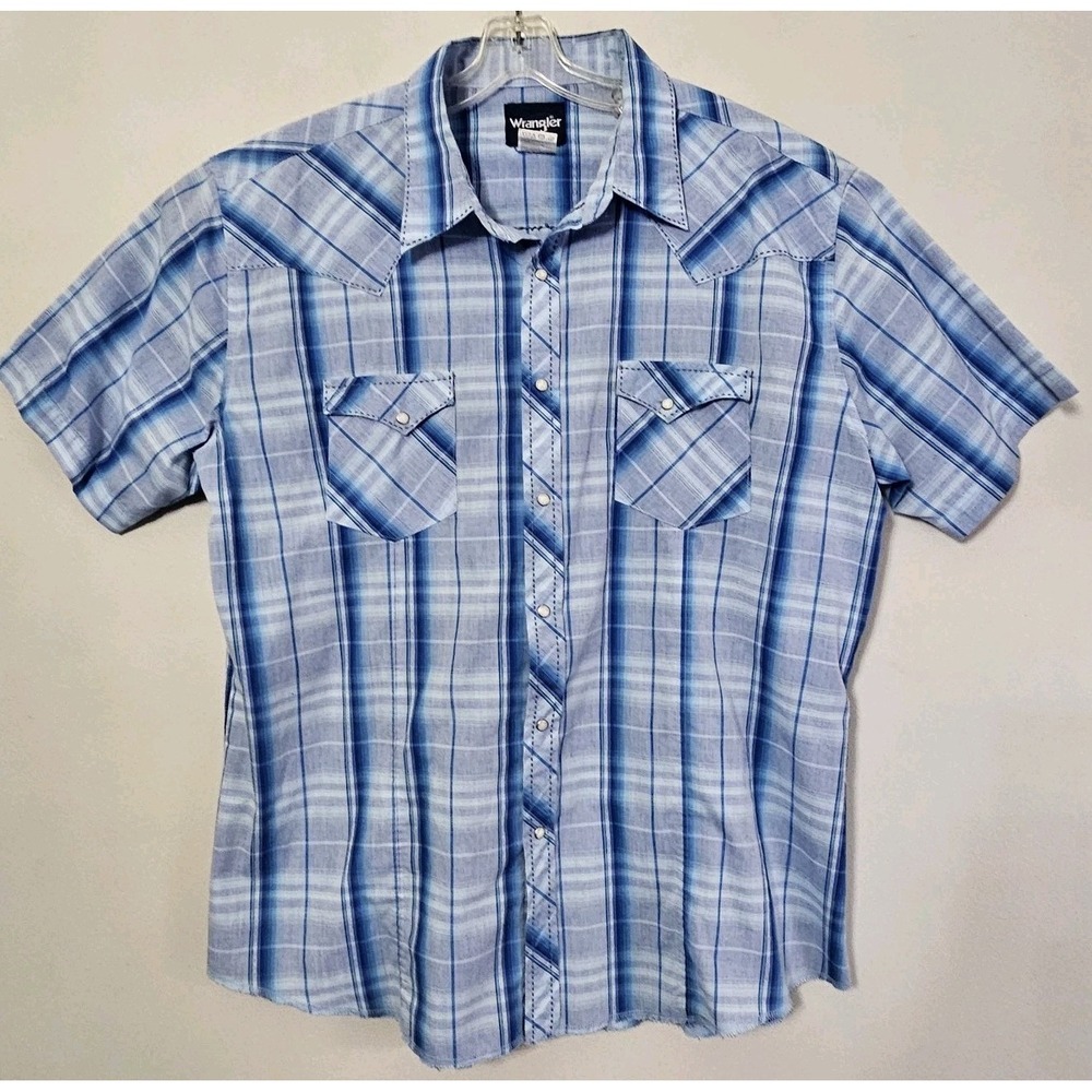 Wrangler Vintage Shirt Men's Size‎ XXL Blue Plaid Pearl Snap Cowboy Rodeo
